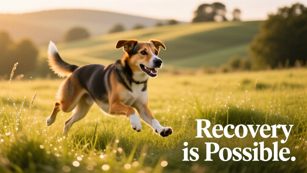 Happy, healthy dog running freely in a sunlit grassy field after full recovery