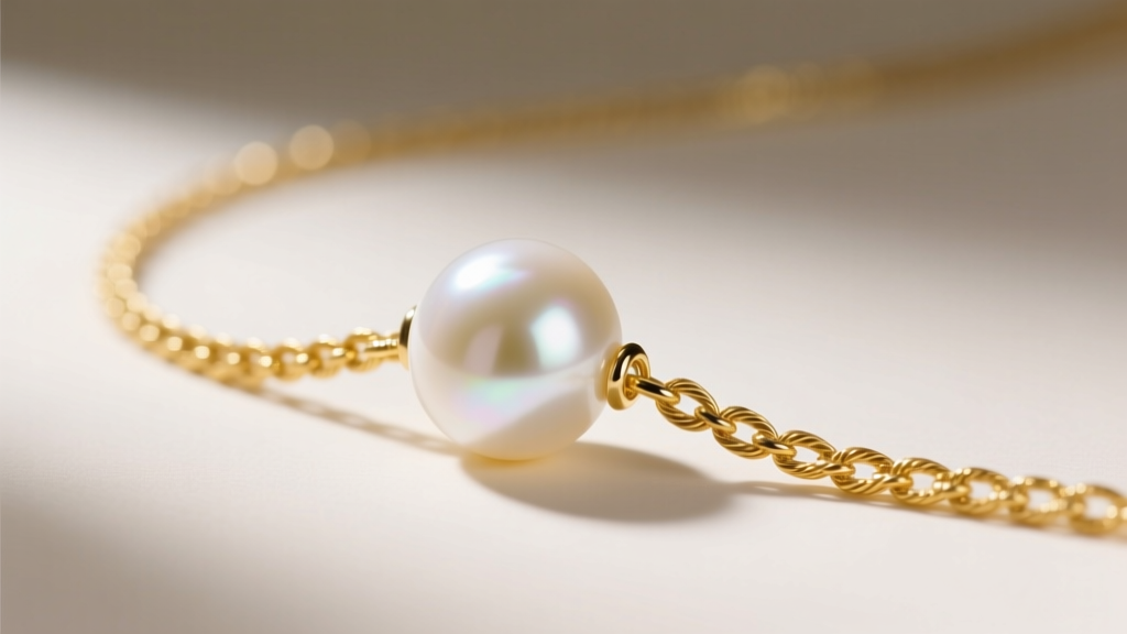 Macro shot of a white Akoya pearl sliding on a delicate 14k yellow gold cable chain under soft, directional studio lighting.