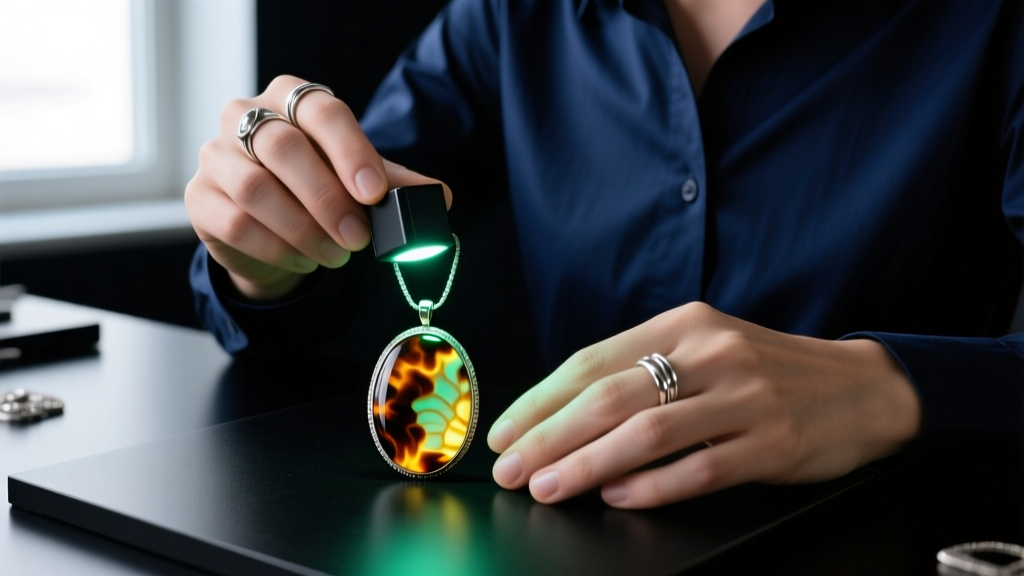 Jeweler holding a UV blacklight over a vintage tortoiseshell pendant, revealing dull fluorescence against a dark, clean workbench.