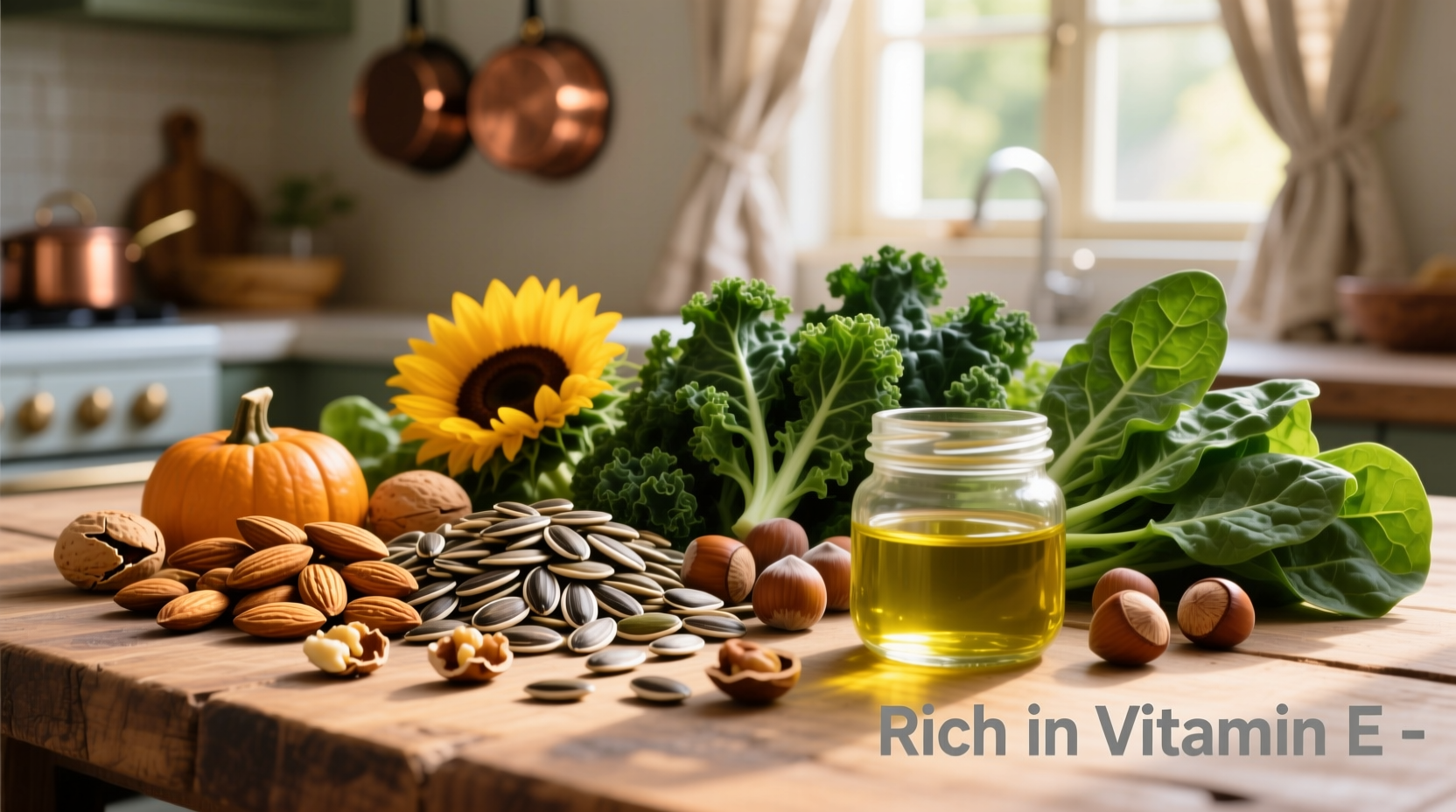 Colorful assortment of vitamin E rich foods including nuts, seeds, and leafy greens
