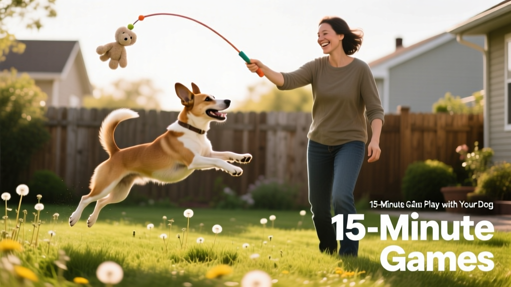Owner holding a flirt pole with a plush toy attached, dog leaping mid-air in playful pursuit