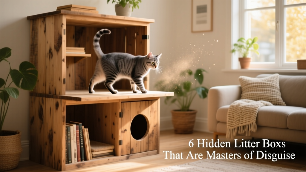 A two-story wooden litter box enclosure with a cat stepping onto the upper platform