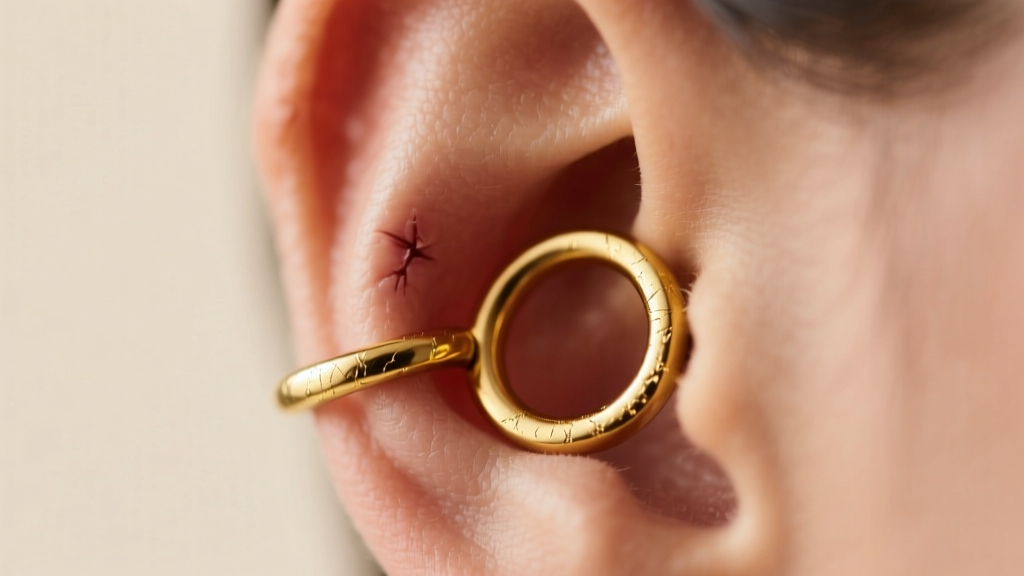 Macro view of a 16-gauge 13mm gold clicker hoop in a healed helix piercing on a human ear, illuminated by soft studio light.