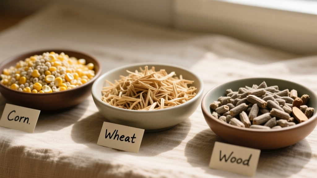 Close-up of corn, wheat, and wood-based litters in separate bowls showing texture differences