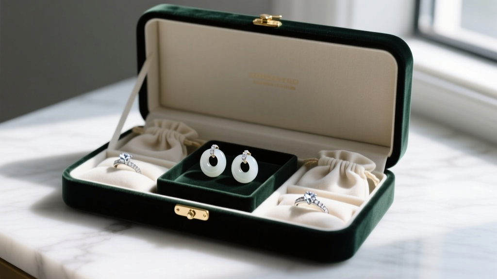 Velvet jewelry box with individual fabric pouches, showing white jade huggie earrings safely stored away from harder diamond rings.
