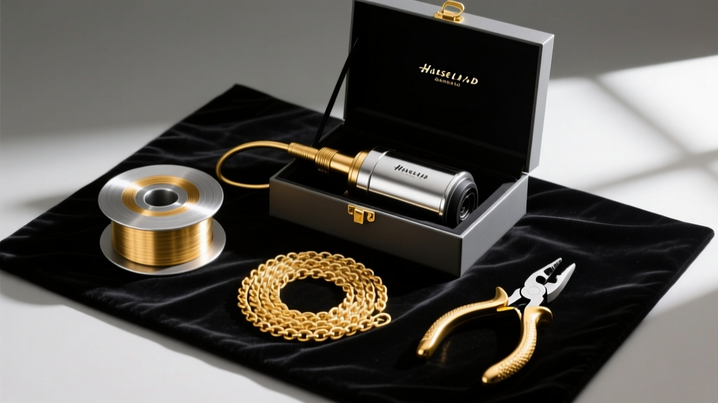 Open gift box revealing a pulse arc welder, spools of 14k gold chain, and precision pliers resting on a dark velvet mat
