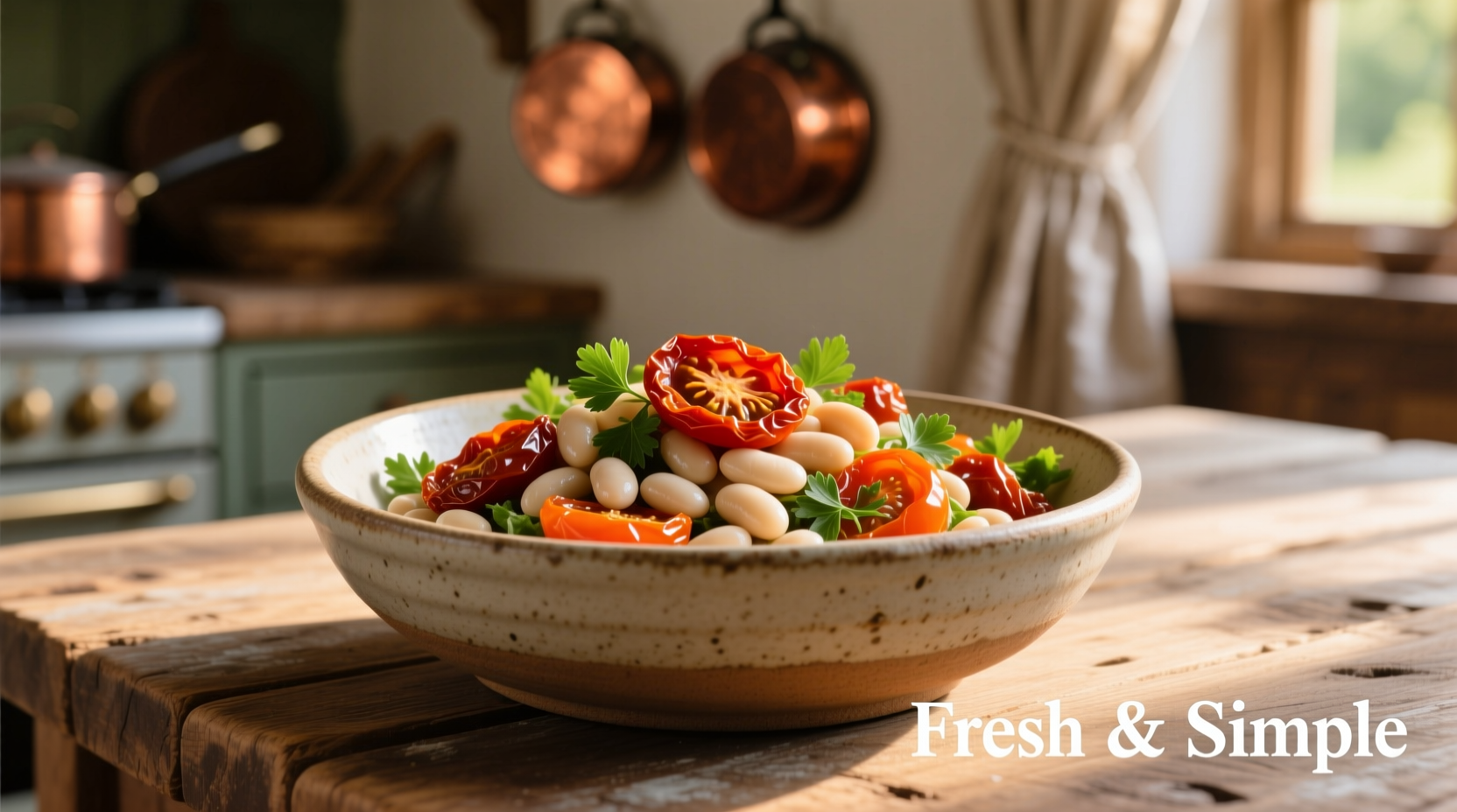 Sun-dried tomato and white bean salad in ceramic bowl
