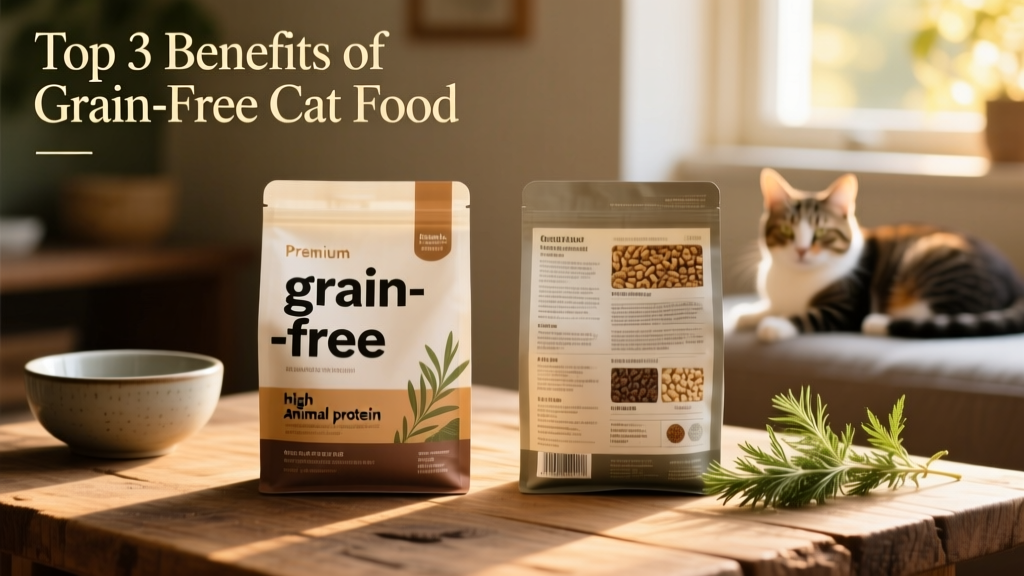 Side-by-side comparison of two cat food labels: one highlighting 'grain-free' and 'high animal protein', the other listing multiple grains and fillers