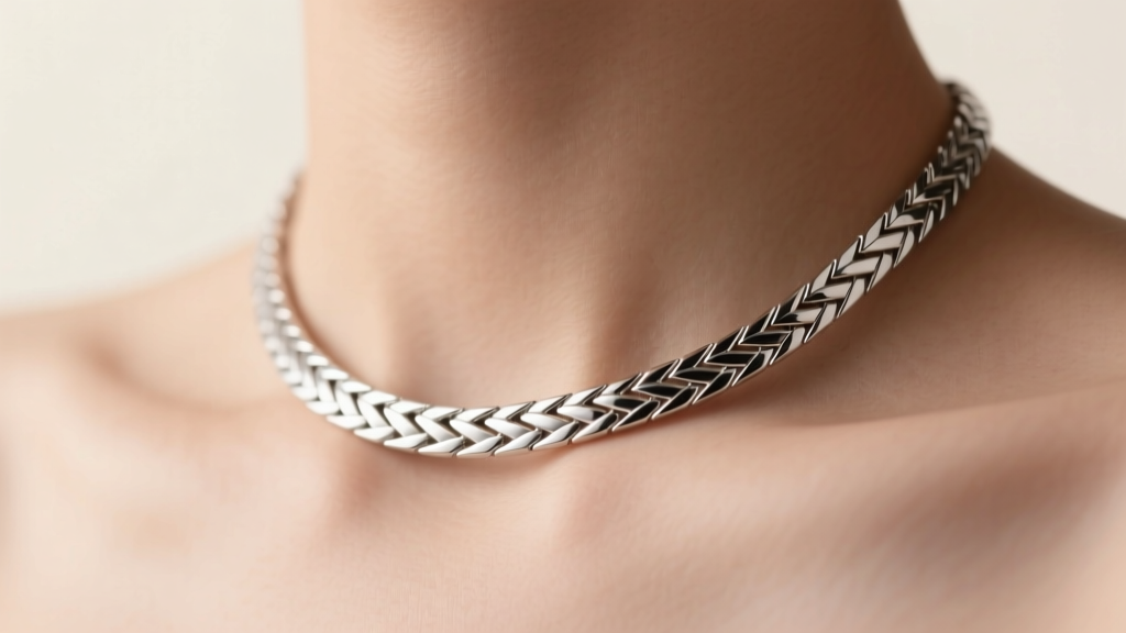 Close-up of a polished 316L stainless steel herringbone necklace resting on a collarbone under soft, warm studio lighting