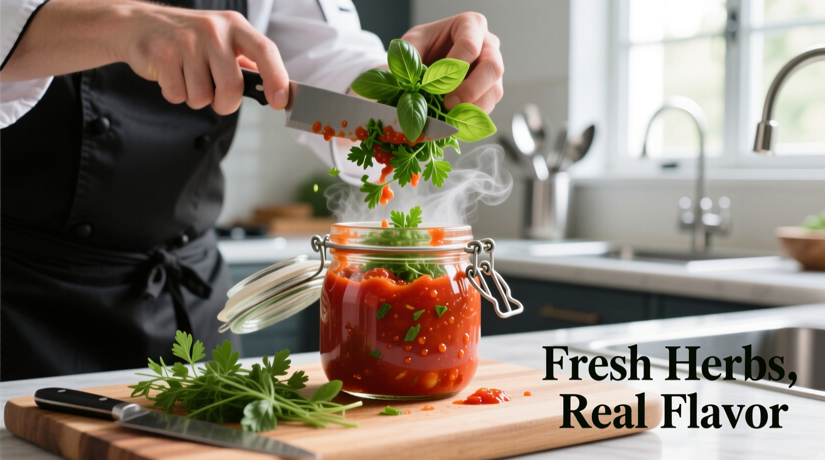 Chef enhancing jarred tomato sauce with fresh herbs