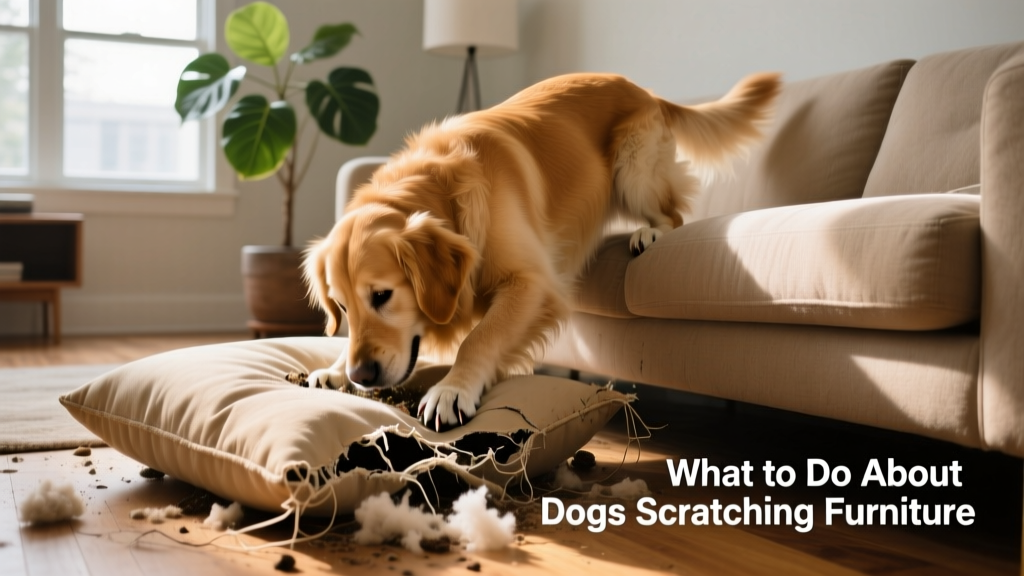 A dog digging into a sofa cushion with visible fabric damage