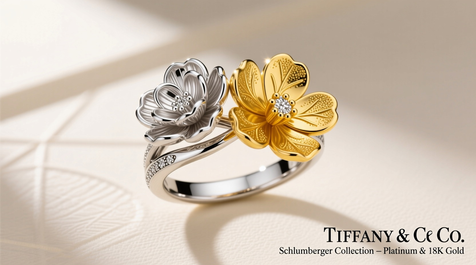 tiffany co schlumberger two flower ring in platinum and 18k yellow gold with a diamond of 10 carats and diamonds