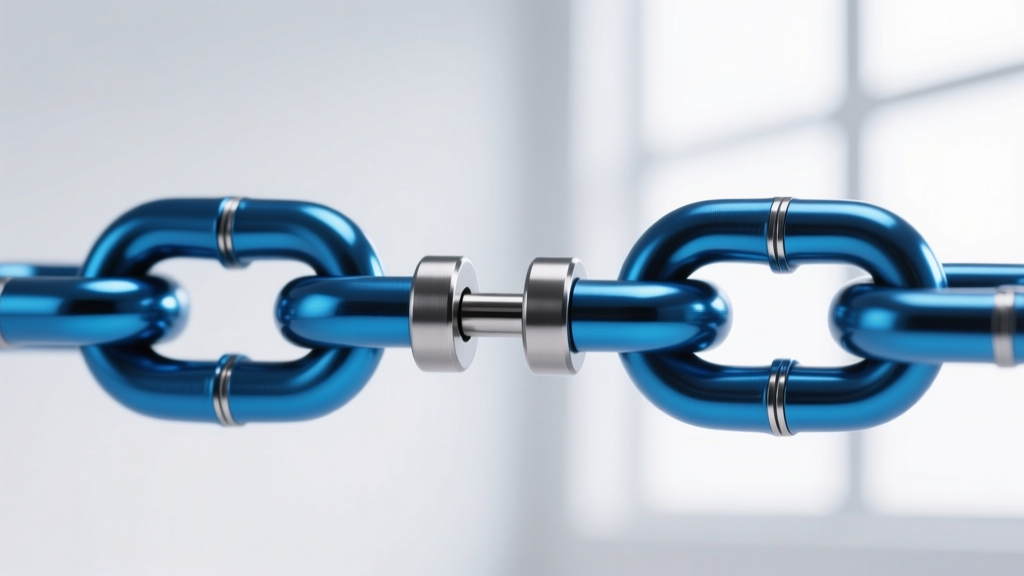 Macro shot of anodized blue implant-grade titanium chain links connecting two flat piercings, highlighting seamless weld joints
