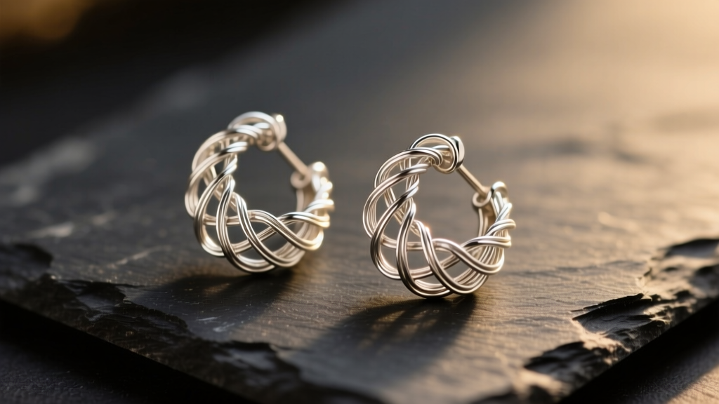 Macro shot of Peruvian 950 silver filigree earrings on dark slate, showing intricate wirework and soft luster in warm lighting.