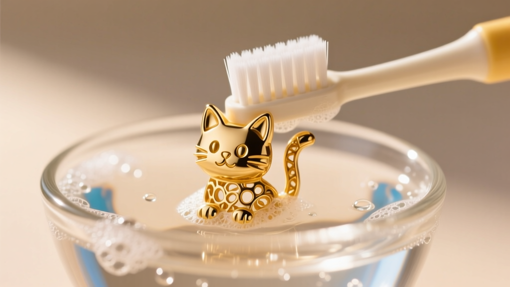 Close-up of a soft-bristled baby toothbrush gently scrubbing a 14k gold cat earring in a small glass bowl of warm soapy water.