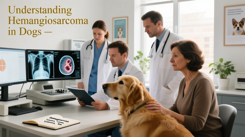 Veterinary oncology team reviewing imaging scans and treatment plan with concerned dog owner