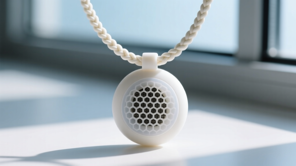 Macro view of a silicone air purifier necklace casing showing micro-ventilation grilles on a braided hypoallergenic cord.