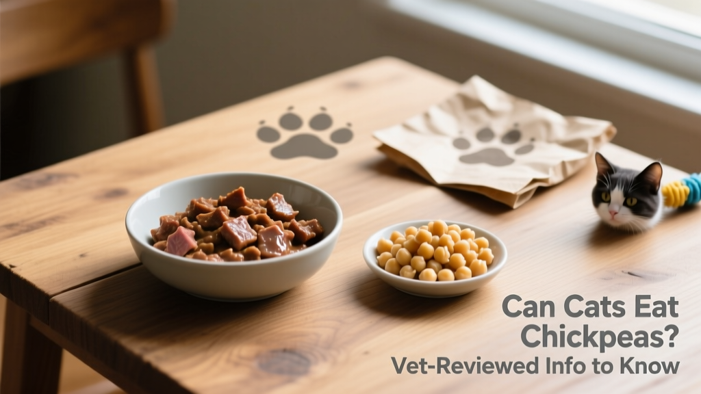 Side-by-side comparison: a bowl of high-protein wet cat food versus a small portion of plain cooked chickpeas