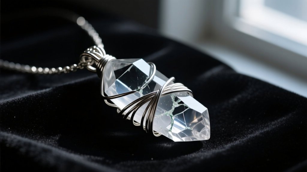 Moody close-up of a shattered quartz pendant wrapped in oxidized silver wire, resting on dark velvet with dramatic side lighting