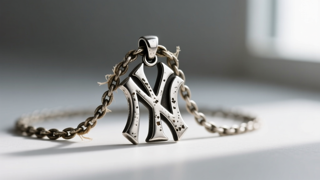 Close-up of a tarnished silver New York Yankees interlocking NY logo pendant resting on a worn, slightly frayed 1.5mm rope chain.