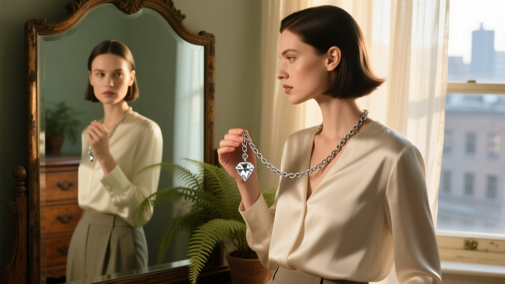 Woman gazing into a mirror holding a tarnished silver chain with a cloudy diamond pendant, bathed in soft warm morning light.