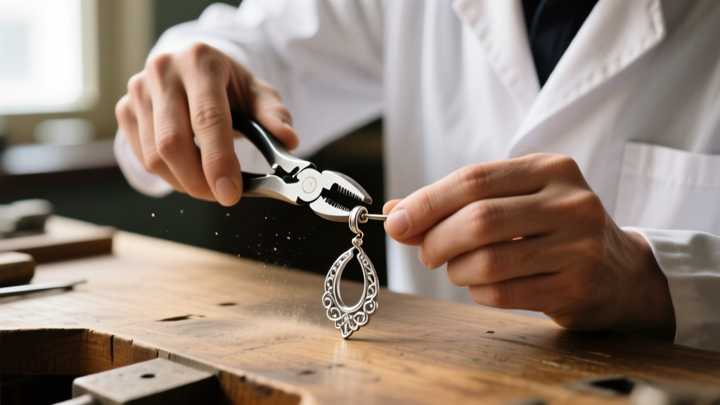 Jeweler using nylon-jaw pliers to adjust tension of a vintage paddle clip-on earring mechanism on a well-lit wooden workbench