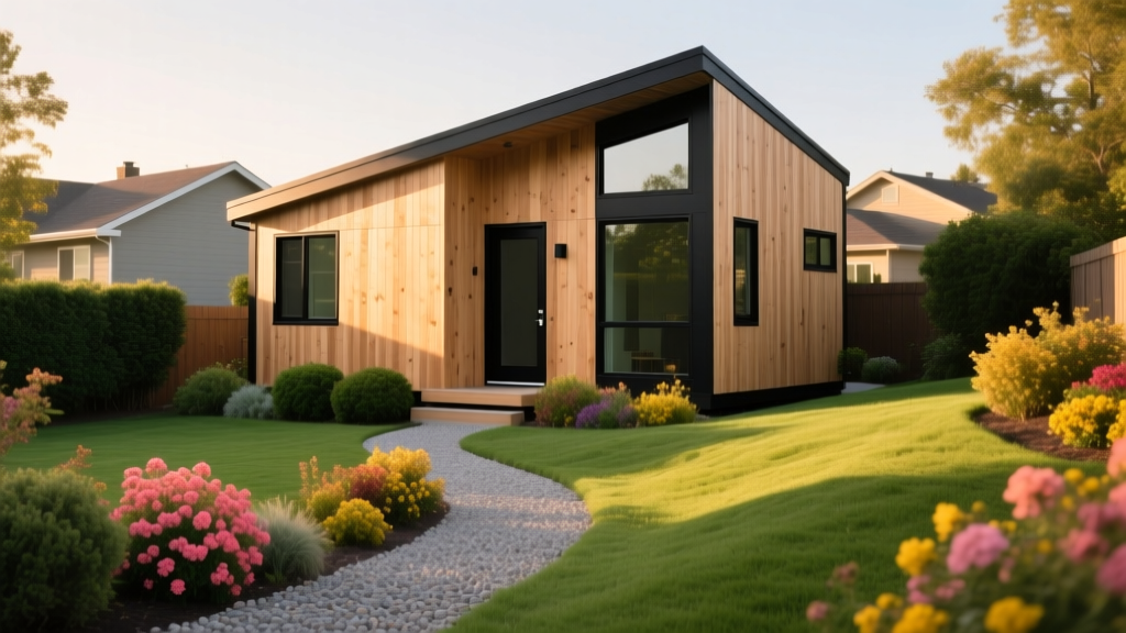 Modern detached accessory dwelling unit with cedar siding and black-framed windows in a landscaped suburban backyard