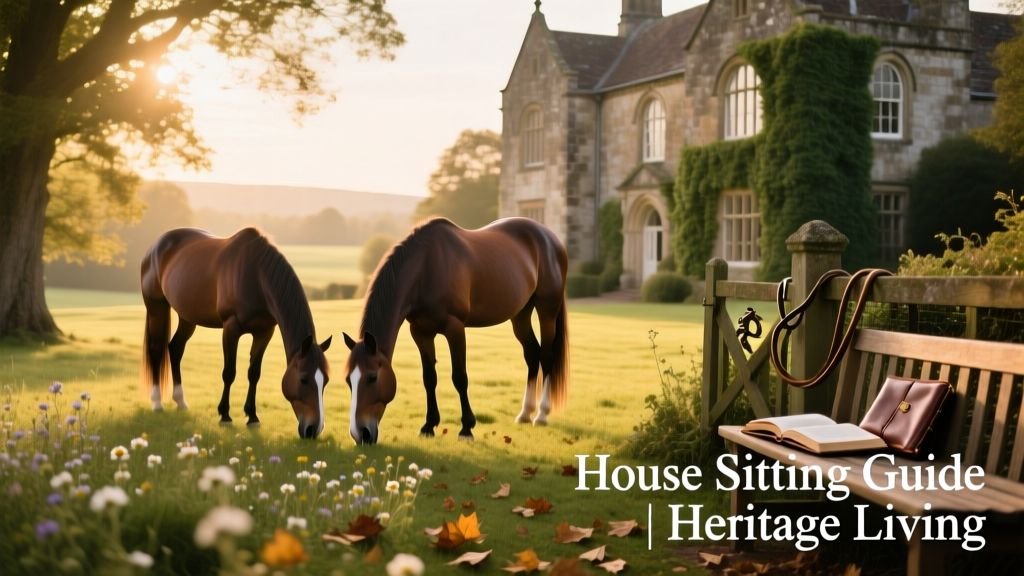 Two horses grazing peacefully in a lush, tree-lined pasture adjacent to a stately stone manor house