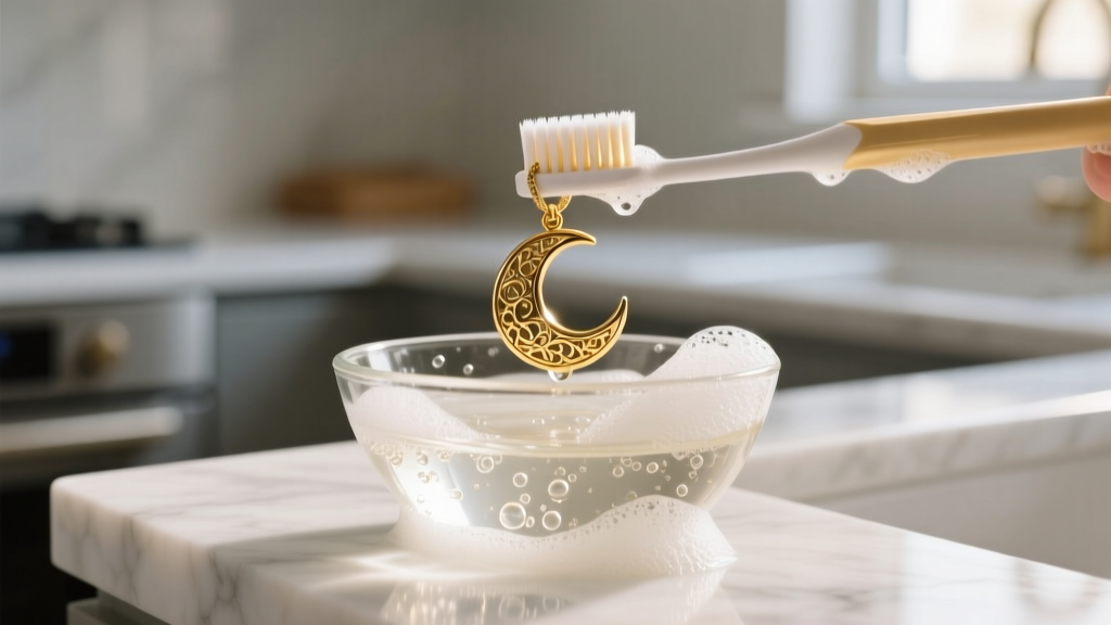 Soft toothbrush gently scrubbing a gold moon pendant submerged in a glass bowl of soapy water on a bright white marble countertop