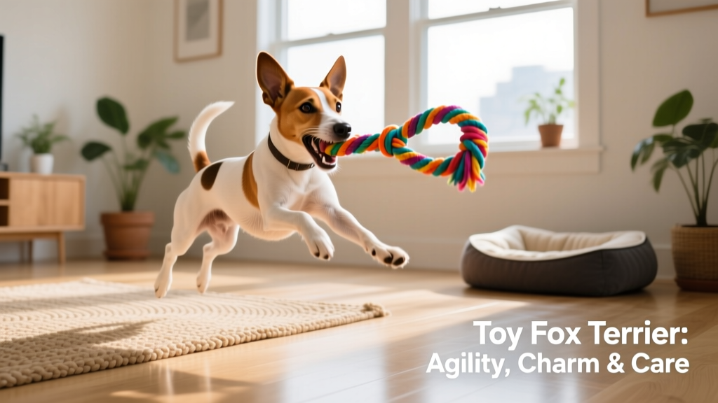 Toy Fox Terrier playing with a colorful tug toy indoors, showing off agility and enthusiasm