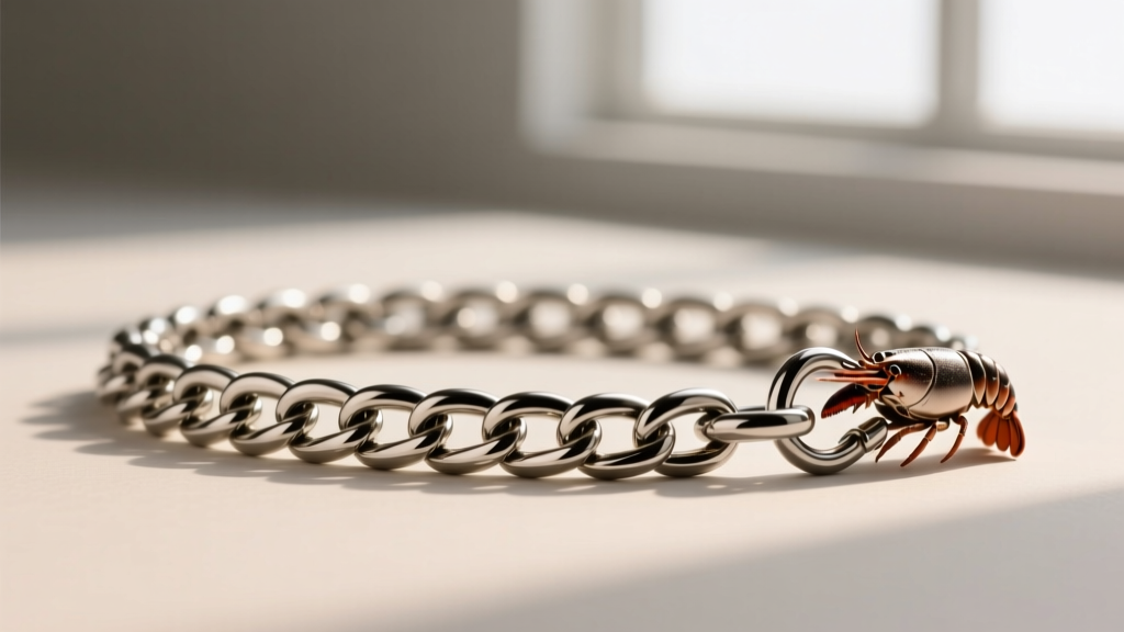 Macro shot of a 1.5mm stainless steel wheat chain and lobster clasp, showing the woven link structure and polished metal finish