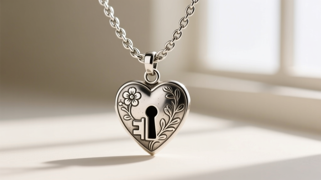 Macro photography of a 1.2mm sterling silver box chain threaded through the bail of an ornate vintage-style heart key pendant.