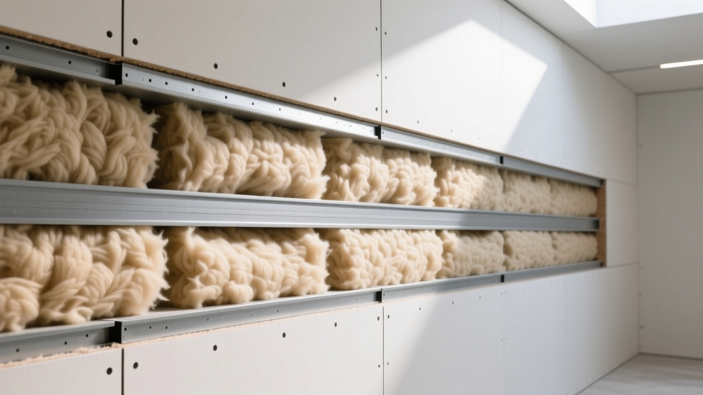 Cross-section of interior wall revealing dense mineral wool batts, resilient channels, and double drywall layers for acoustic isolation