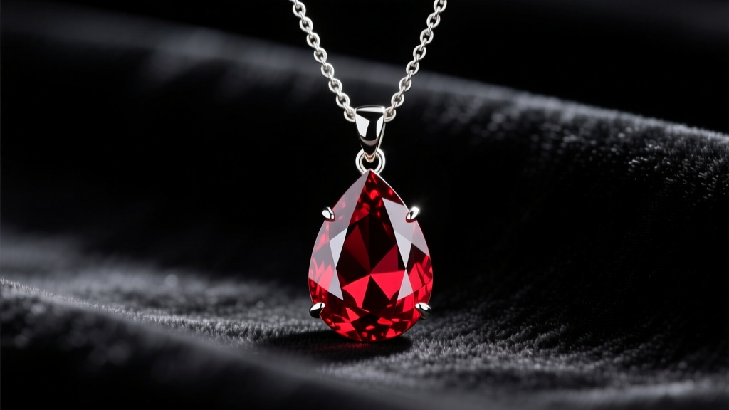 Red teardrop gemstone pendant on a silver chain resting on dark velvet, cinematic lighting, detailed cosplay jewelry macro photo