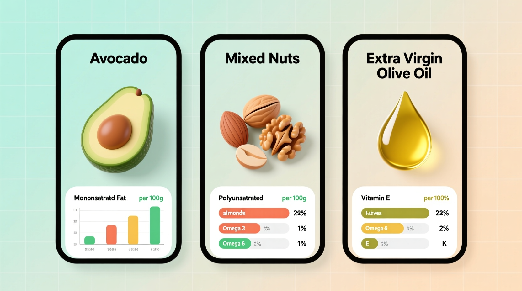 Healthy fats comparison chart showing avocado, nuts, and olive oil