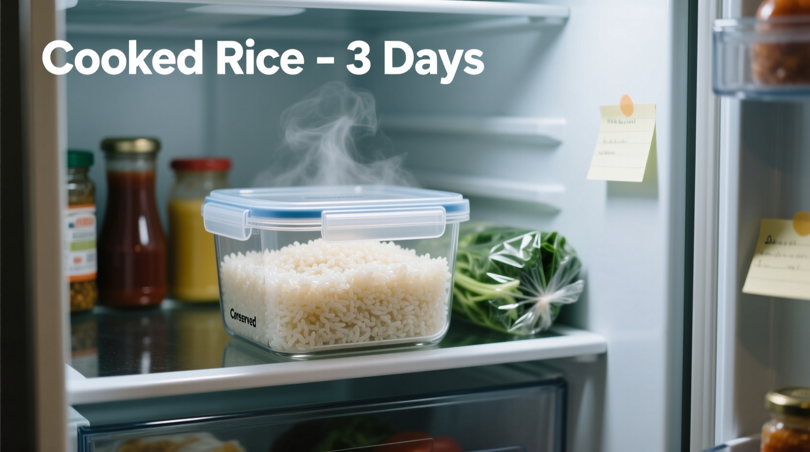 Properly stored cooked rice in airtight container in refrigerator