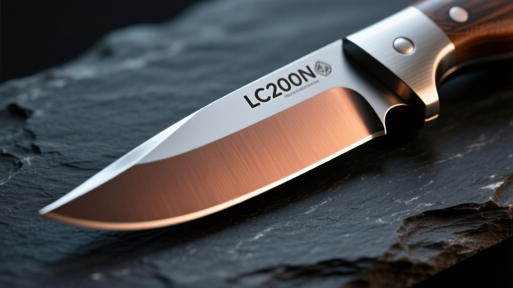 Macro shot of an LC200N steel neck knife blade reflecting light, showing the rust-resistant finish and edge bevel on dark slate.