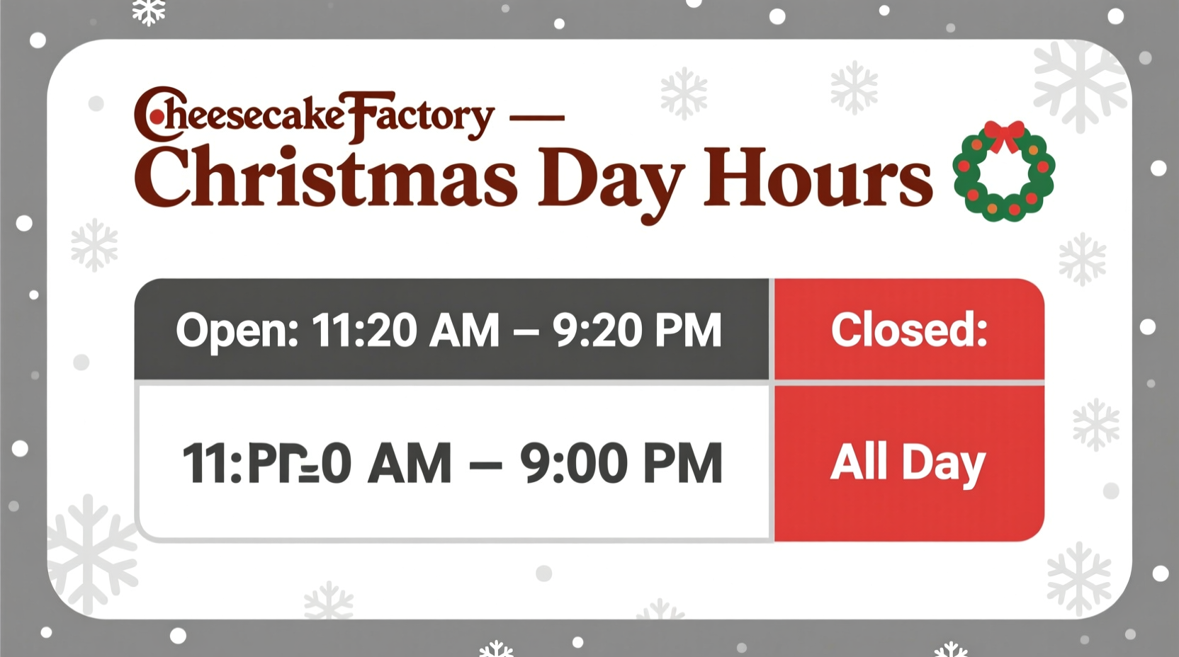 is cheesecake factory open on christmas