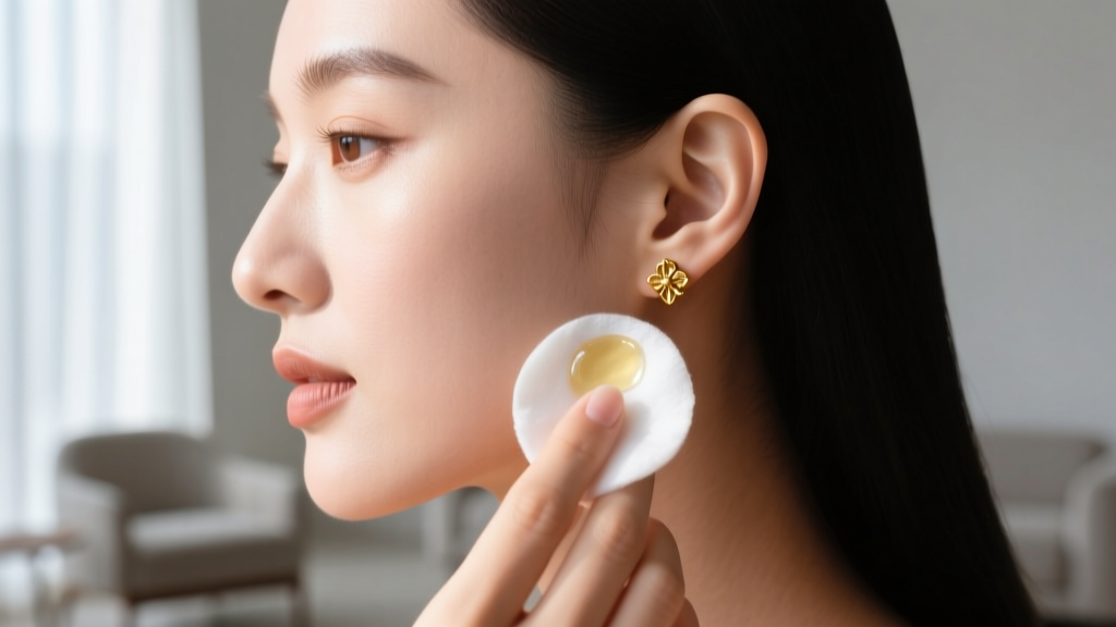 Side profile of a woman using an oil-based adhesive remover on a cotton pad to safely detach a gold stick on ear cuff