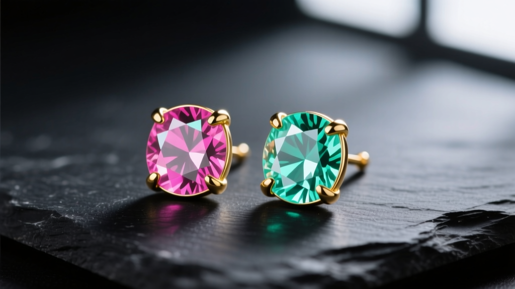 Macro shot of 18k gold bezel-set peppermint tourmaline studs on dark slate, highlighting pink and green crystalline banding.