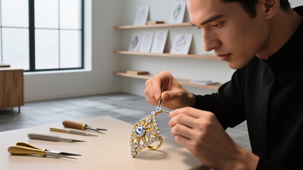 Jeweler's hands tying a surgeon's knot on UHMWPE braided thread between two graded white puka shells with gold-filled crimp beads.