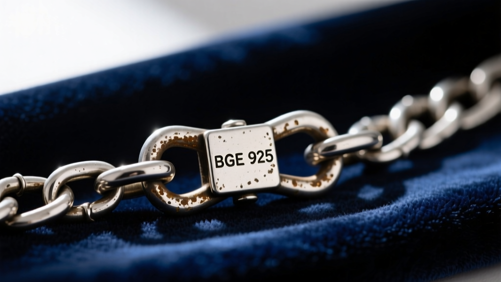 Macro shot of a tarnished sterling silver chain clasp with a stamped BGE 925 hallmark resting on dark navy velvet fabric