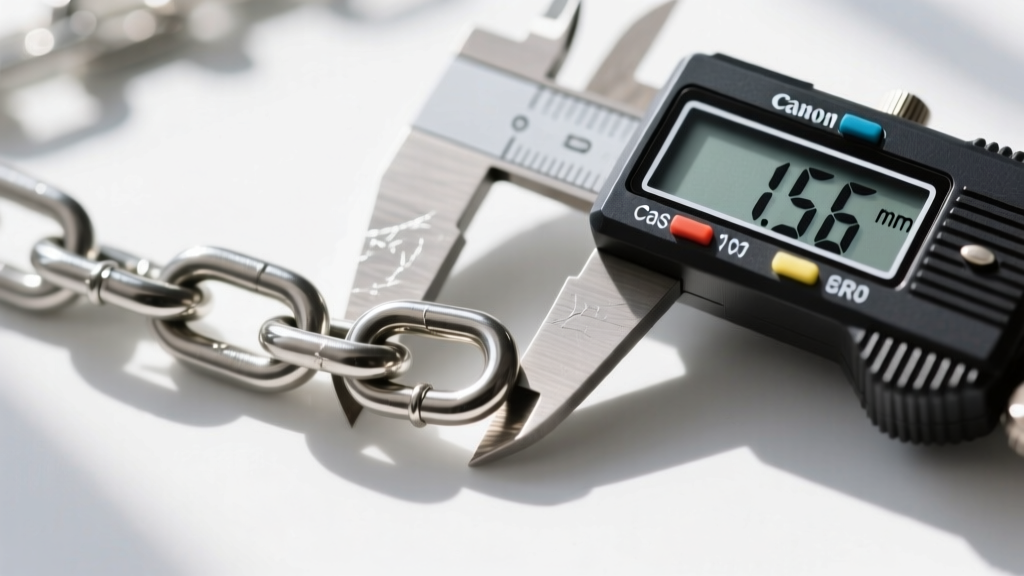 Extreme macro of a 1.5mm stainless steel rolo chain link next to a digital caliper showing exact wire gauge thickness measurement.