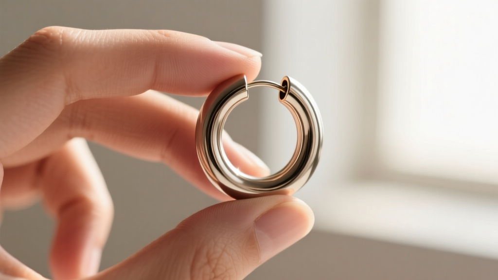 Macro photo of a 16-gauge titanium hinged hoop earring being opened by hand against a softly blurred studio background.