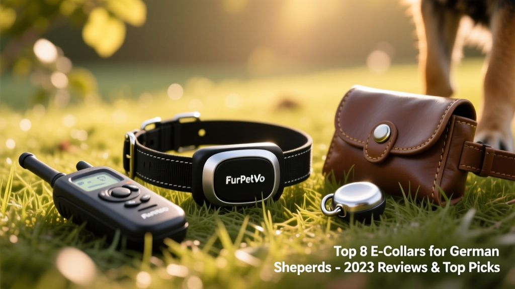 FurPetVo P-C80 collar and remote laid on grass beside training treat pouch and clicker
