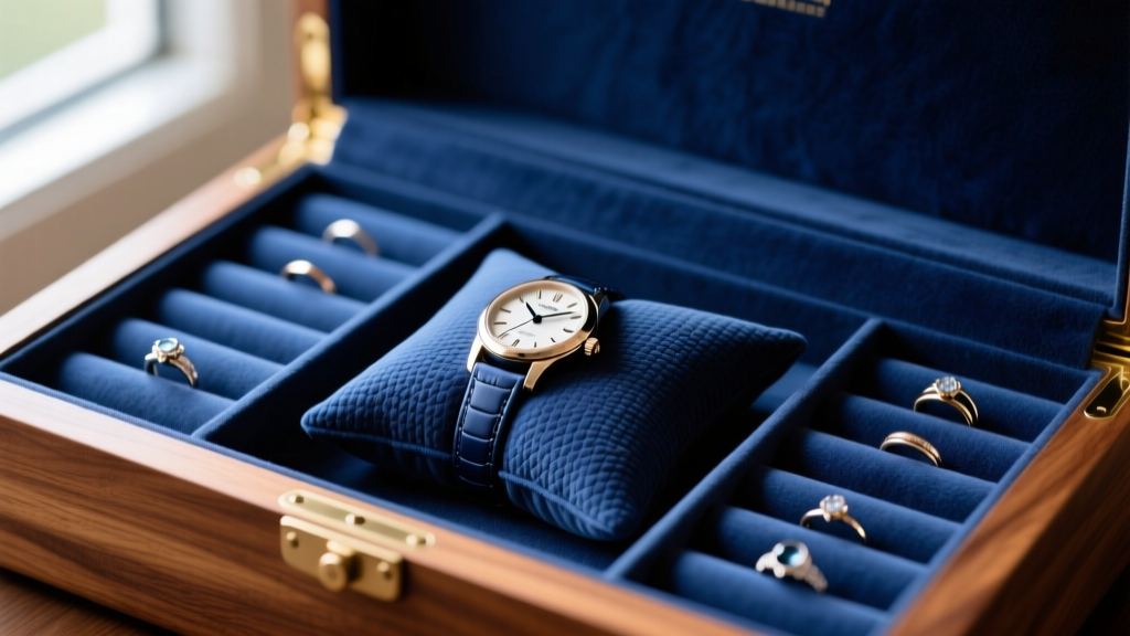 Close-up of a maple jewelry box interior with navy blue anti-tarnish lining, plush ring rolls, and a dedicated watch pillow.