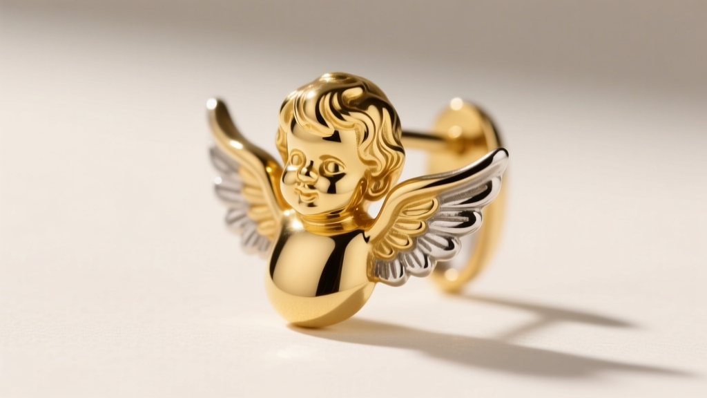 Macro photo of gold vermeil cherub earring showing slight wear on wing edges, revealing the sterling silver base metal underneath.