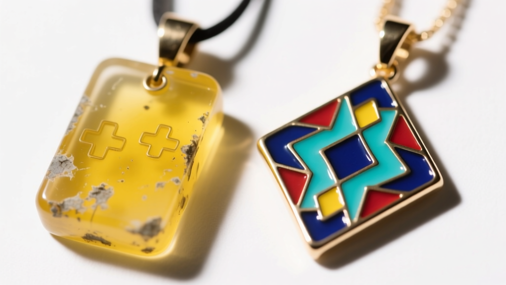 A yellowed epoxy resin gaming pendant shown next to a pristine hard enamel cloisonne pendant with flat polished metal lines.