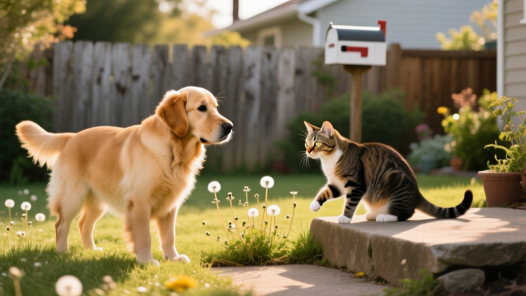 Two pets cautiously observing each other from a safe distance in a neutral outdoor setting