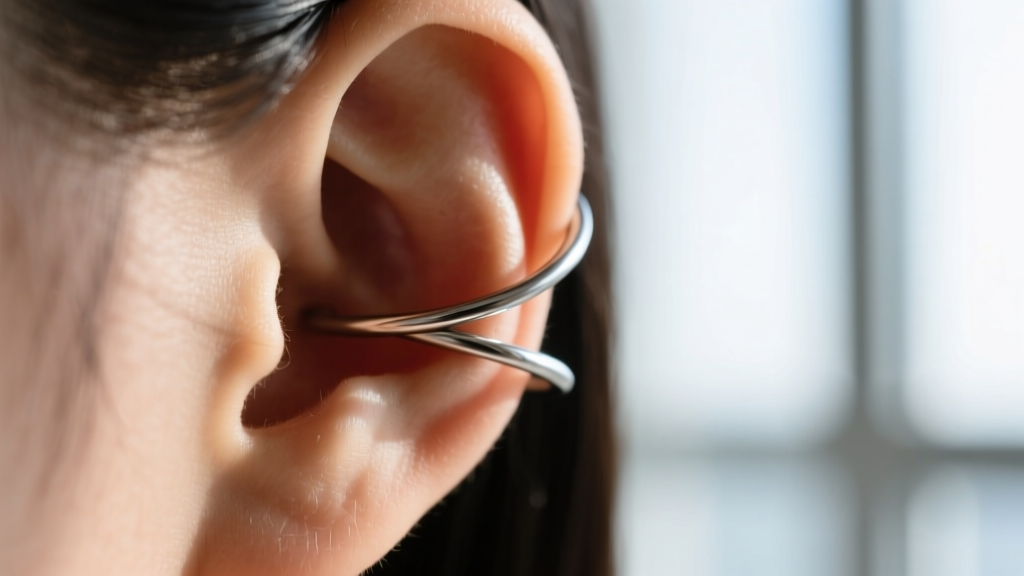 Extreme close-up of a 20-gauge niobium wire ear cuff being adjusted on the tragus, showing the tension gap, macro lens detail.